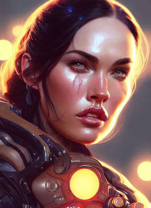 Image similar to portrait of apex legends megan fox, intricate, elegant, glowing lights, highly detailed, digital painting, artstation, glamor pose, concept art, smooth, sharp focus, illustration, art by artgerm and greg rutkowski, artey freytag