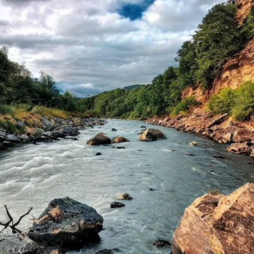 Image similar to a beautiful landscape, river, rocks, trees, cinematic, masterpiece