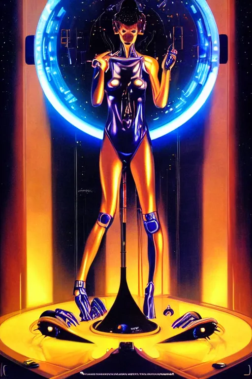 Image similar to space alien art by Hajime Sorayama and Artemisia Gentileschi, centered, symmetrical, led, blue lazers, bilateral symmetry, third person, 80s poster, sci fi, blade runner, kubrik, 2D matte illustration