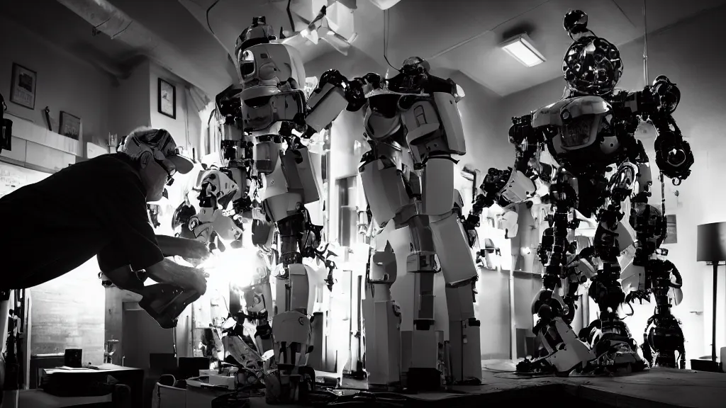 Image similar to bernie sanders putting the finishing touches on a complex magical clockwork doomsday robot, black and white photo, cinematic moody lighting, sharp focus