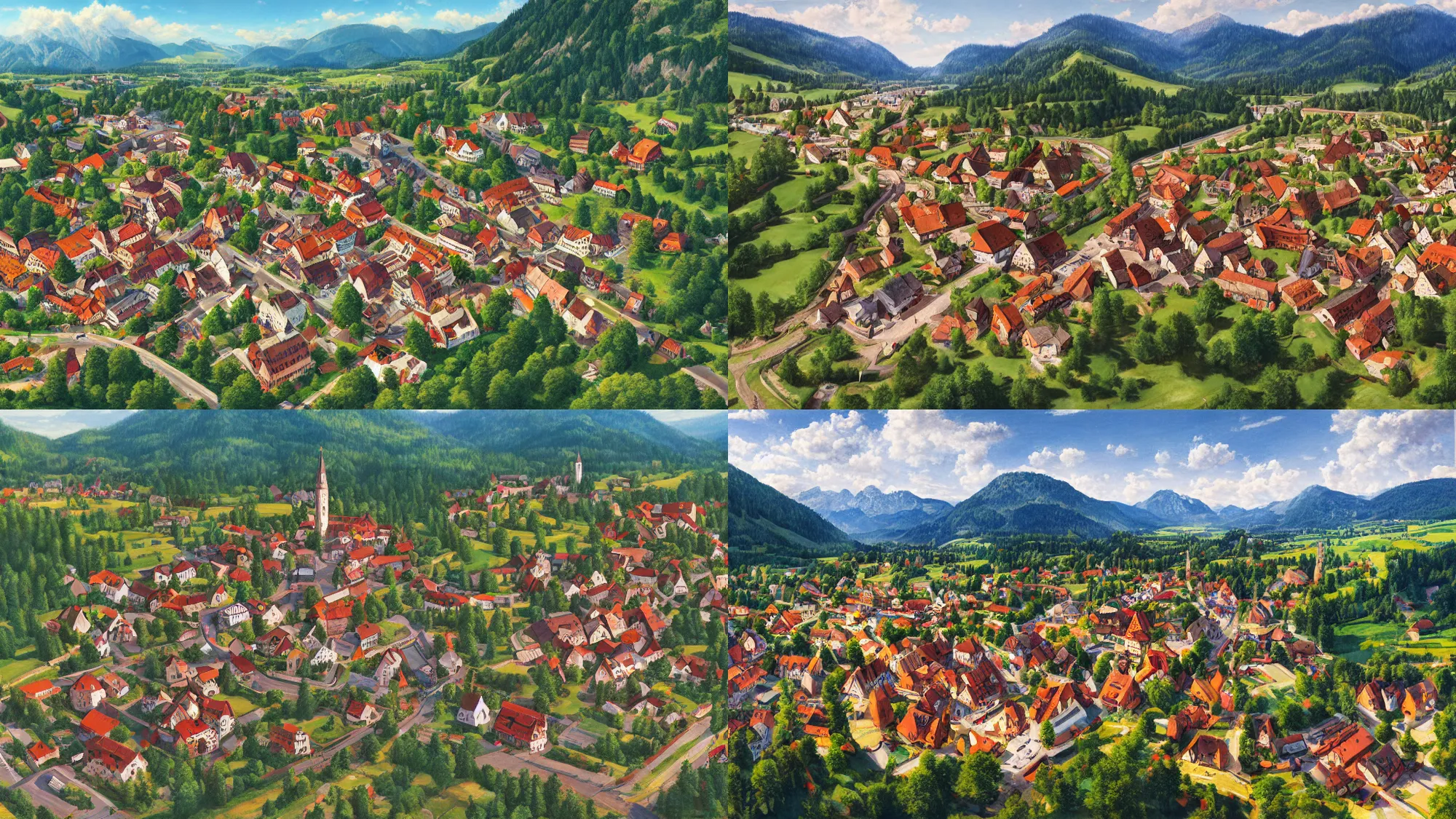 Prompt: High-Quality realist painting of a traditional Bavarian village in a valley, isometric aerial view, peaceful, very detailed, digital art.