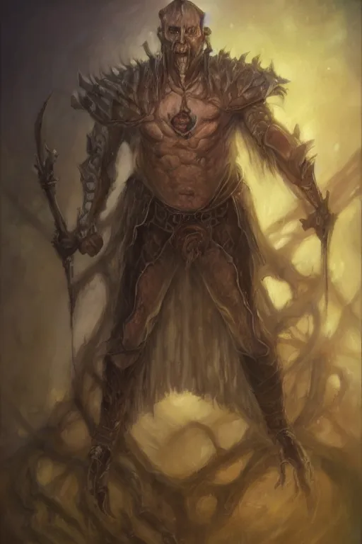 Image similar to a full body high detail fantasy portrait oil painting illustration of the torment nexus which should not be created by justin sweet with face and body clearly visible, insane, realistic proportions, d & d, rpg, forgotten realms, artstation trending, high quality, sombre mood, artstation trending, muted colours, entire person visible!