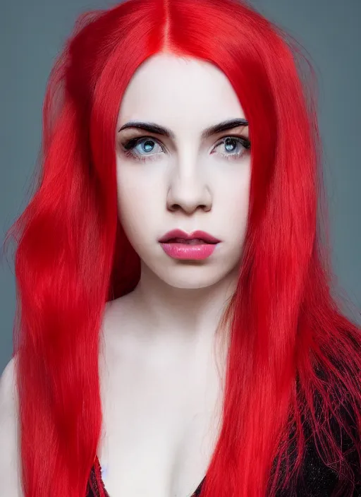 Image similar to ava max bright red hair photographed by charlotte rutherford, canon, highly realistic. high resolution. highly detailed. dramatic. 8 k. 4 k.