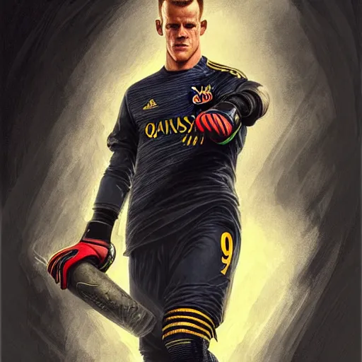 Image similar to Ter Stegen holding a bomb in his gloves, Barcelona and Germany goalkeeper, D&D, fantasy, intricate, elegant, highly detailed, digital painting, artstation, concept art, matte, sharp focus, illustration, art by Artgerm and Greg Rutkowski and Alphonse Mucha