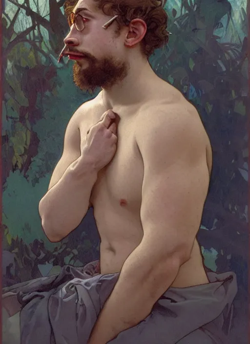 Image similar to Gigachad Sam Hyde puffing his chest, sigma male, accurately portrayed, portrait art by alphonse mucha and greg rutkowski, highly detailed, digital painting, concept art, illustration, dim lighting with twilight rays of sunlight, trending on artstation, very detailed, smooth, sharp focus, octane render, close up