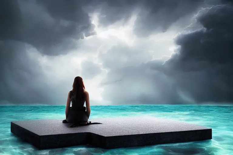 Image similar to A beautiful woman sitting on a giant open book in the middle of the ocean during a storm, dramatic lighting, cinematic, 8k HDR, highly detailed, high quality, octane render, unreal engine 5, path tracing, turbulent sea, concept art, trending on Artstation