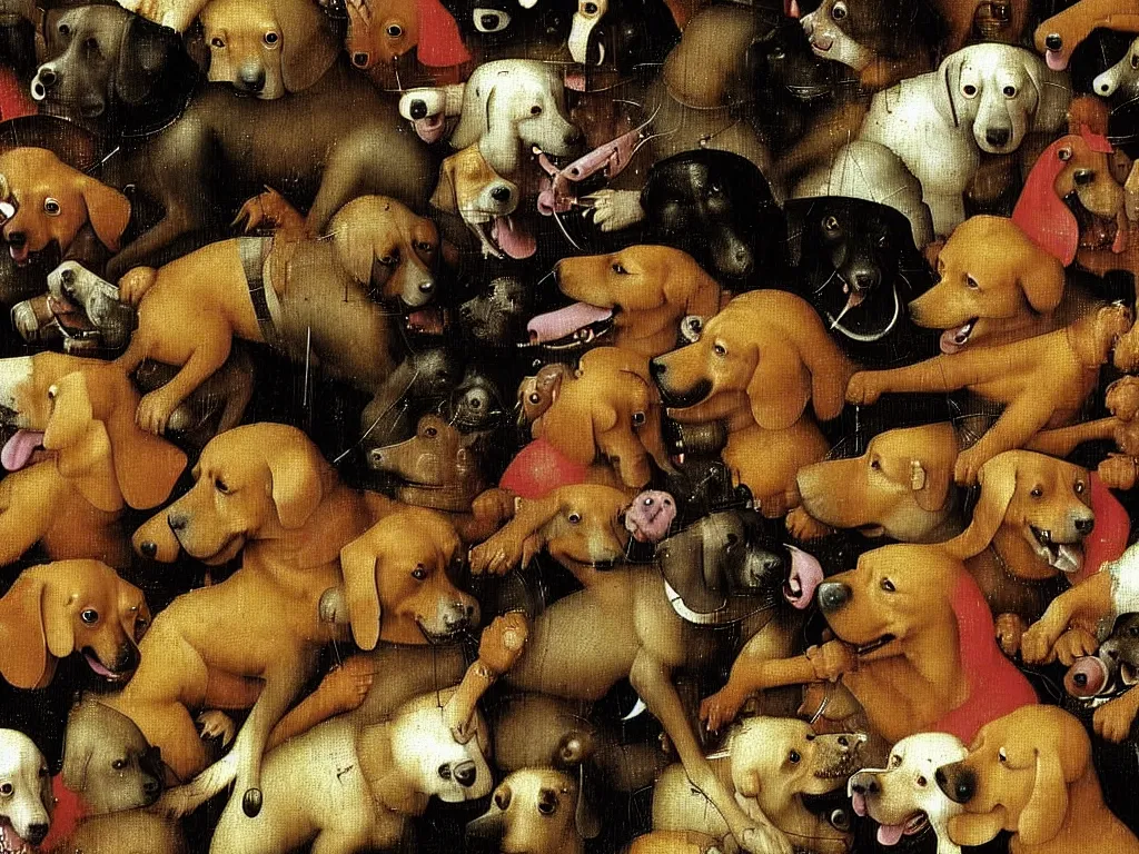 Prompt: close up of dogs in a moshpit, by hieronymus bosch