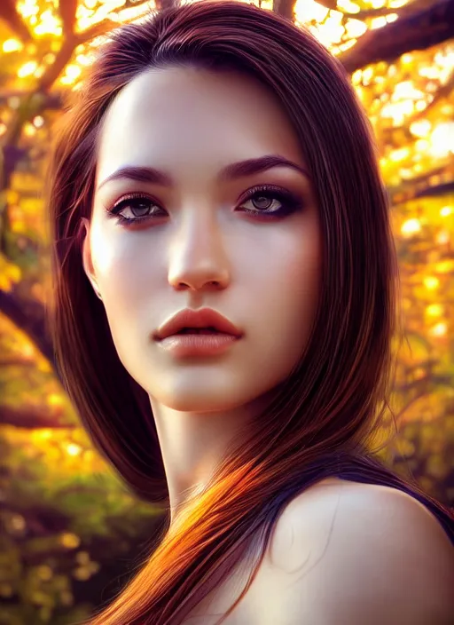 Image similar to photo of a gorgeous female in the style of stefan kostic, realistic, half body shot, sharp focus, 8 k high definition, insanely detailed, intricate, elegant, art by stanley lau and artgerm, extreme bokeh foliage