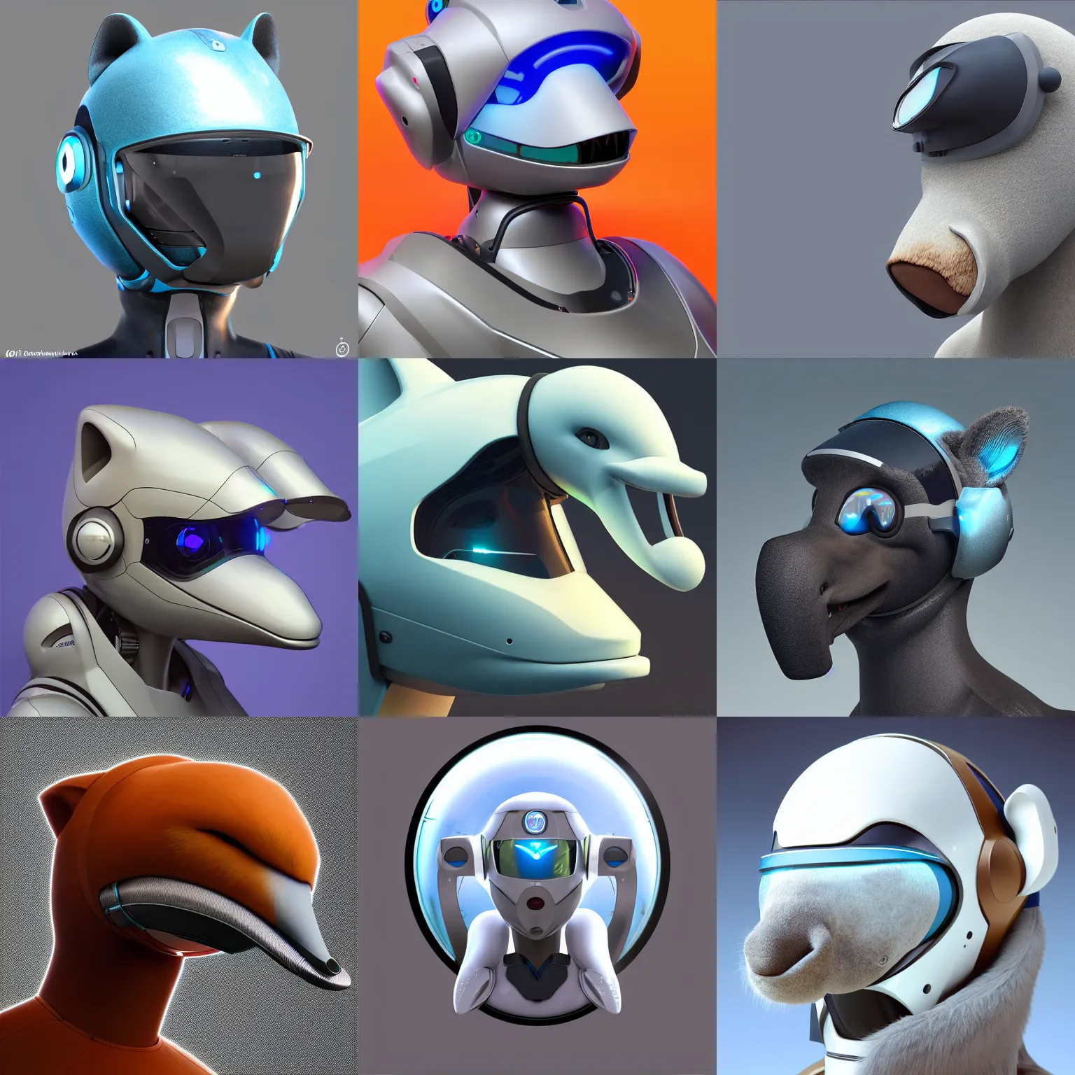 Prompt: very very beautiful furry art, bust profile picture of a robotic anthro bottlenose dolphin, visor screen for face, truncated snout under visor, round shapes, commission on furaffinity, cgsociety, octane render