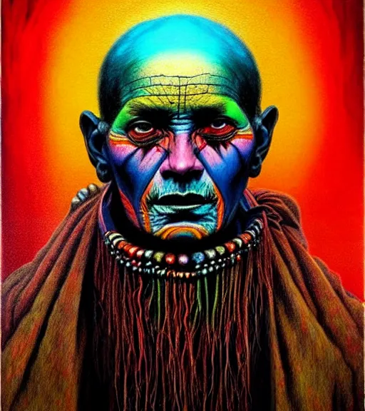 Image similar to Portrait painting in a style of Beksinski mixed with Alex Grey of an old shaman dressed in a colorful traditional clothes.