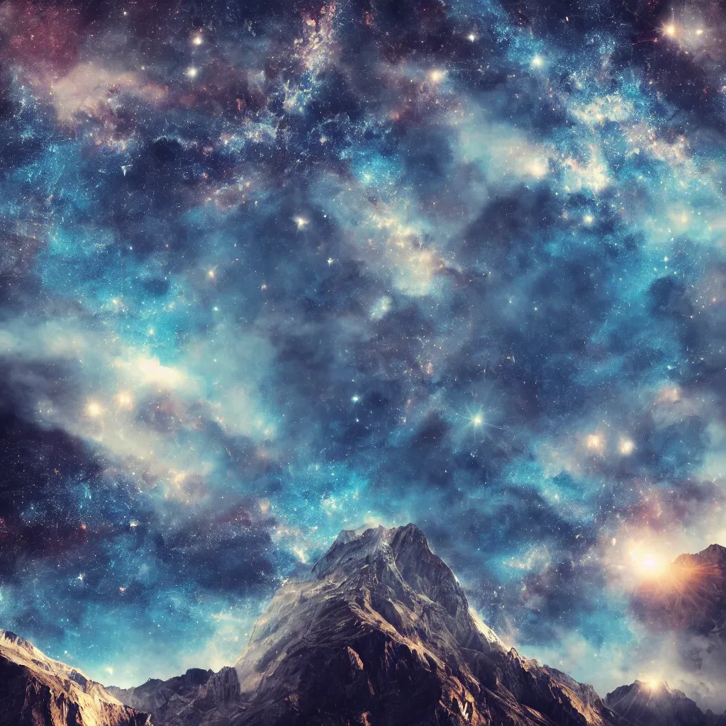 Image similar to vertical, mountains, limit, universe, galaxy, upwards, photo, blue sky, realistic, highly detailed, cinematic