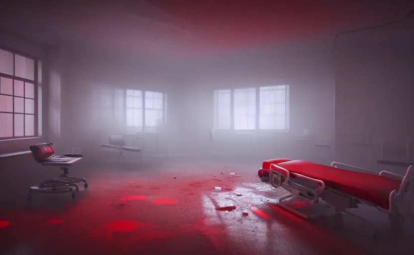 Image similar to an abandoned hospital room with red ceiling lighting and several blue lights on the walls, gloomy and foggy atmosphere, octane render, artstation trending, horror scene, highly detailded