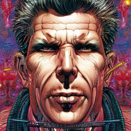 Image similar to portrait of crazy rick deckard, symmetrical, by yoichi hatakenaka, masamune shirow, josan gonzales and dan mumford, ayami kojima, takato yamamoto, barclay shaw, karol bak, yukito kishiro