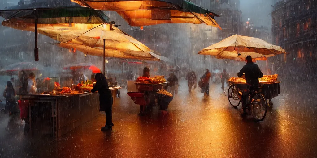 Image similar to Street food vendor prepares your meal as it rains, cozy wallpaper, 4k, high details, volumetric dynamic lighting, motion blur, blur, bokeh, trending on Artstation, award-winning, art by Greg Rutkowski