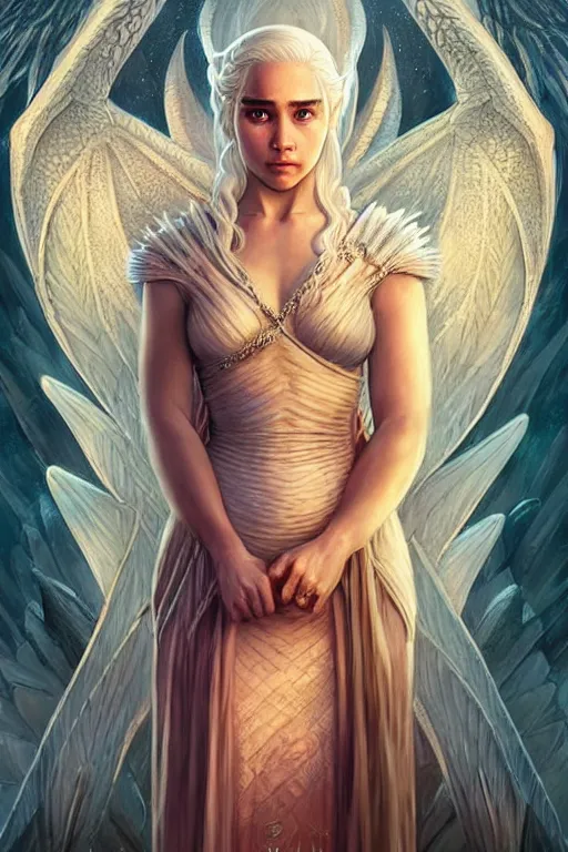 Image similar to beautiful, ethereal daenerys targaryen ( khaleesi ) portrait, intricate art deco dragon designs, elegant, highly detailed burning background, sharp focus, game of thrones art by artgerm and beeple and greg rutkowski and wlop