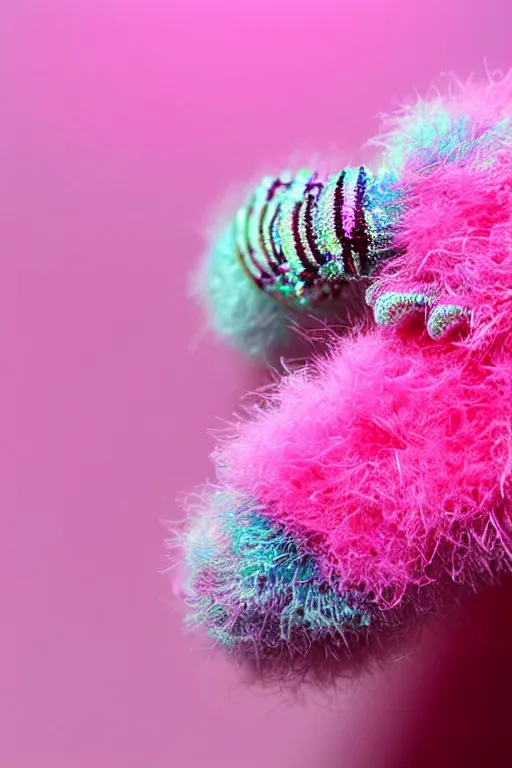 Image similar to high quality close-up photo pearlescent fluffy caterpillar! gorgeous highly detailed hannah yata elson peter cinematic pink lighting high quality low angle hd 8k sharp shallow depth of field