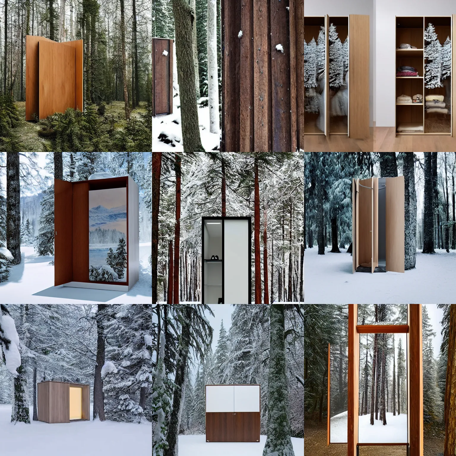 Prompt: A wardrobe that is a portal to a snowy forest