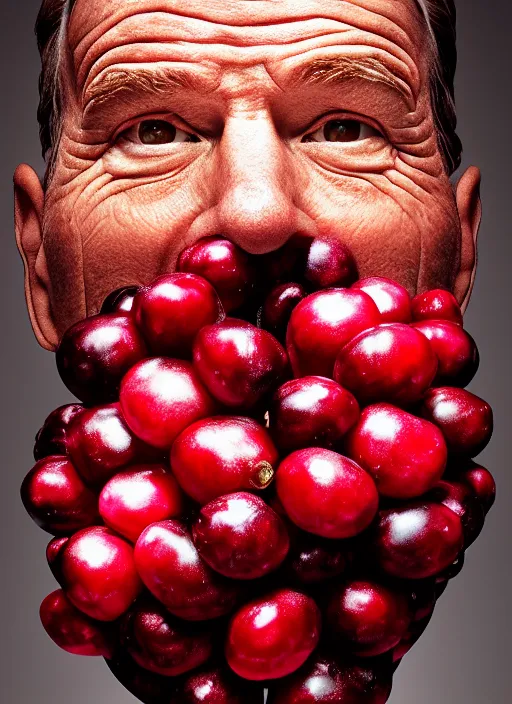 Prompt: bryan cranston cranberries spilling from mouth, cranberry helmet, studio light, bloom, detailed face, magazine, press, photo, steve mccurry, david lazar, canon, nikon, focus