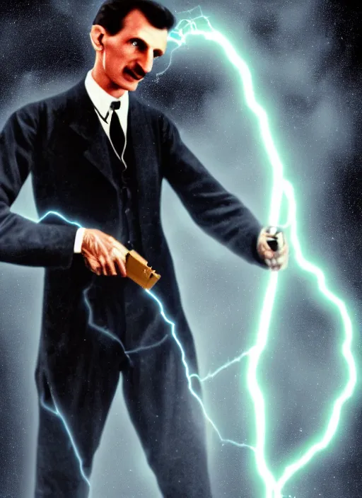 Image similar to color photograph of Nikola Tesla Nikola Tesla holding a futuristic tesla gun with lightning, futuristic, tesla coil, futuristic weapon, dynamic lightning, 4k, hyper realistic, modern photograph, digital art