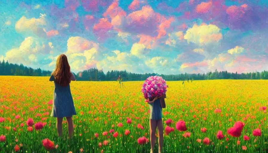 Prompt: girl with a large flower instead of face, surreal photography, dream, standing in flower field, hills, big trees, sunrise dramatic light, impressionist painting, colorful clouds, digital painting, pointillism, artstation, simon stalenhag, flower face