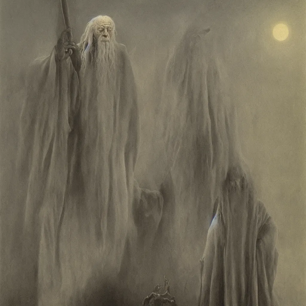 Image similar to Zdzisław Beksiński painting of Gandalf