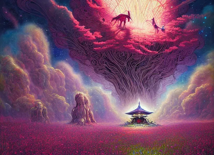 Image similar to a beautiful painting of a large alien shrine shrouded by mystic nebula magic in a field of flowers by moebius and android jones, oil on canvas sharp, details, hyper - detailed, hd, hdr, 4 k, 8 k