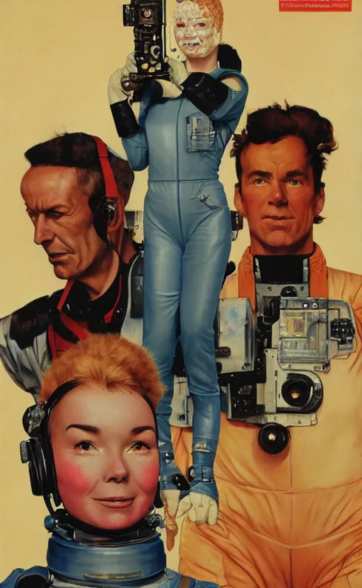 Prompt: head and shoulders portait of bjork holding a retro ray gun and wearing an unpleasant leather spacesuit on Mars by norman rockwell and darek zabrocki