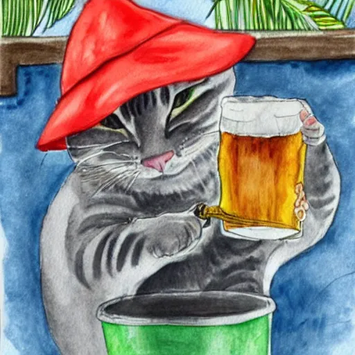 Prompt: an illustration a cat wearing a bucket hat and a hawaii shirt drinking a beer at an outdoor bar, watercolor drawing