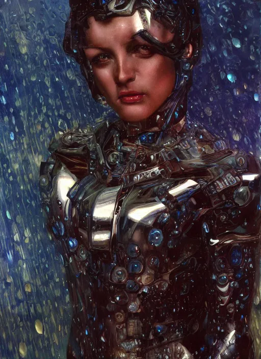 Prompt: a biblical diabolical beautiful female android, rain on face, shiny hi tech armor, dynamic pose, splashing, heavy eyes to the side, glowing veins, in clouds, rain, sunset, portrait, by gerald brom, by mikhail vrubel, by peter elson, muted colors, extreme detail, reflections, trending on artstation, 8 k