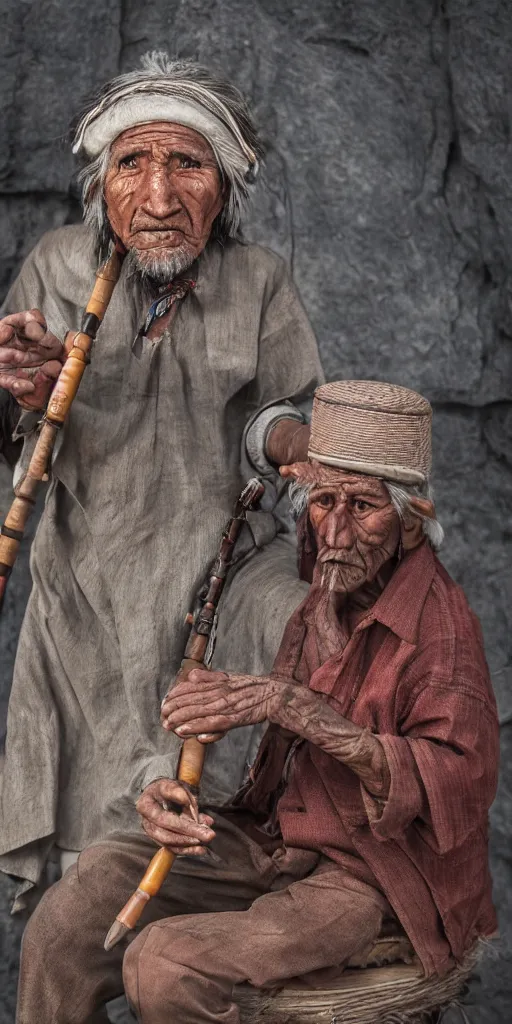 Image similar to Bolivian old man playing a quena wind instrument, unreal 5, hyper realistic, realistic, photo realistic, dynamic lighting, highly detailed, cinematic landscape, studio landscape, studio lighting