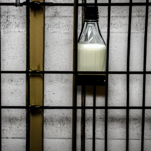 Prompt: bottle of milk inside a jailcell behind bars