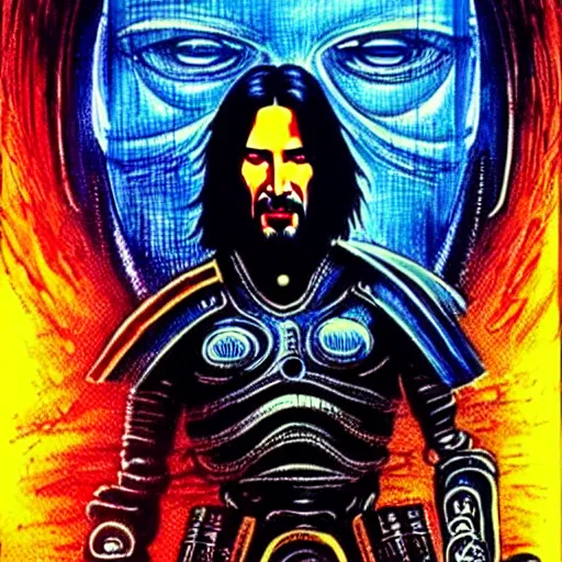 Image similar to keanu reeves as cyberpunk shiva knight, atmospheric lighting, painted, intricate, golden and blue hour, ultra detailed by philippe druillet