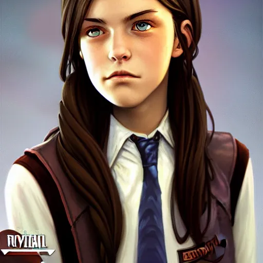 Image similar to portrait of a brunette thin teenager girl with blue eyes wearing school uniform in fallout, light stubble, digital art,photorealistoc,art by greg rutkowski,hyperdetailed,western comic style,comic,comic style,sharp lineart,professional lighting,deviantart,artstation,trevor henderson,rossdtaws,cinematic,dramatic