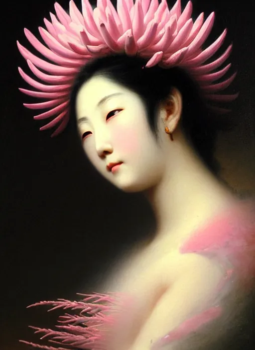 Prompt: stunning japanese godess, detailed pink and white protea head peace against a black backdrop by ivan aivazovsky, wlop, sharp details, photorealism, oil painting, beautiful soft lighting, muted colours, artstation