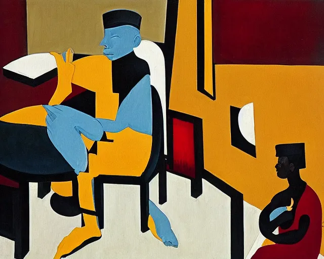 Prompt: a painting of a person sitting in a room, an art deco painting by Jacob Lawrence, featured on pixiv, vorticism, constructivism, surrealist, cubism