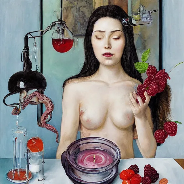 Prompt: “ sensual, a portrait in a female art student ’ s apartment, pancakes, woman holding a brain from inside a painting, berries, octopus, iv drip ; scientific glassware, art supplies, a candle dripping white wax, ikebana, berry juice drips, neo - expressionism, surrealism, acrylic and spray paint and oilstick on canvas ”