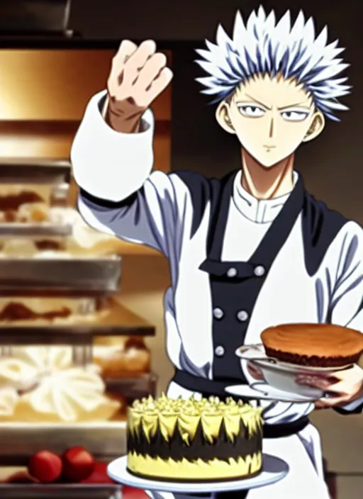 Image similar to chef saitama one punch man, dressed as a pastry chef, fiercely focused at making a cake, beautiful anime artwork