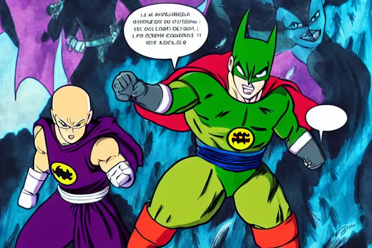 Prompt: 6 0 s batman cartoon character lost in dragon ball z, about to fight piccolo created by leesha hannigan, ross tran