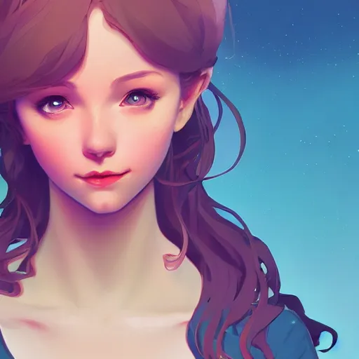 Image similar to a sweet beautiful girl, she is looking at the camera, she is smirking, ambient lighting, 4 k, lois van baarle, ilya kuvshinov, rossdraws, alphonse mucha, jung gi kim, artstation