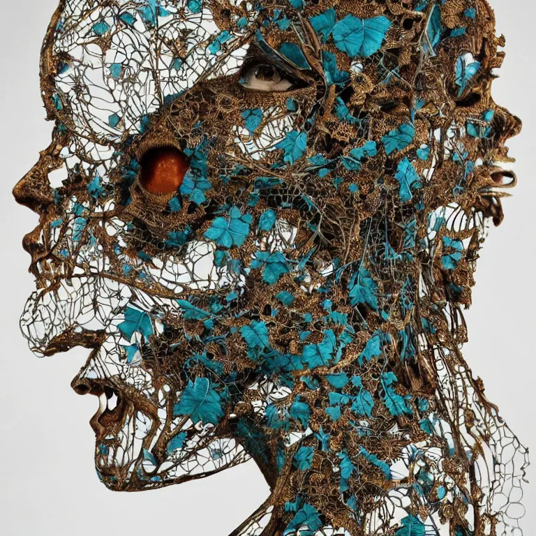 Prompt: dark scene, ultra detailed, of a broken porcelain woman's face. biomechanical, analog, macro lens, dark light, big leaves and large Dragonflies, stems, roots, fine foliage lace, turquoise gold details, high fashion haute couture, art nouveau fashion embroidered, intricate details, mesh wire, mandelbrot fractal, anatomical, facial muscles, cable wires, elegant, hyper realistic, in front of dark flower pattern wallpaper, ultra detailed