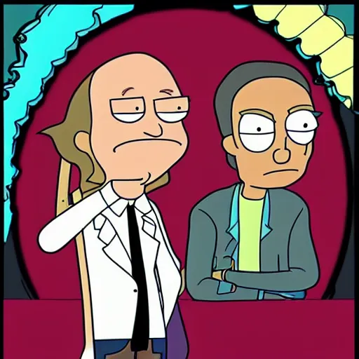 Image similar to marty and doctor brown from back to the future, in rick and morty art style, cartoonish