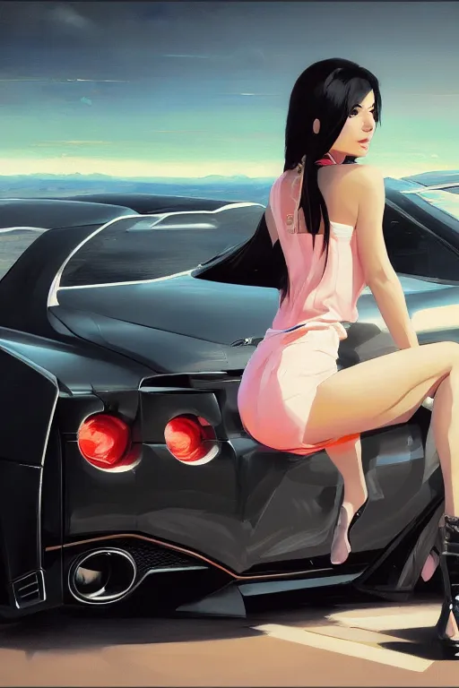 Image similar to A ultradetailed beautiful panting of a stylish woman sitting on a Nissan GTR, Oil painting, by Ilya Kuvshinov, Greg Rutkowski and Makoto Shinkai