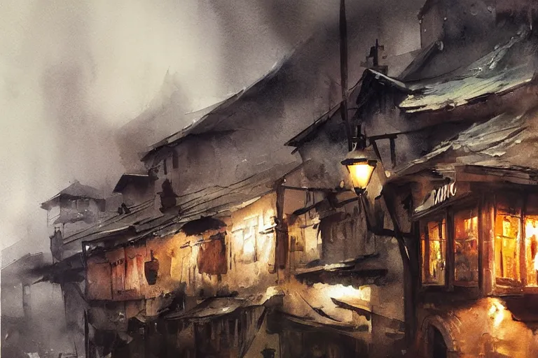 Prompt: paint brush strokes, abstract watercolor painting of rustic village at nightfall, lantern, ambient lighting, art by hans dahl, by jesper ejsing, art by anders zorn, wonderful masterpiece by greg rutkowski, cinematic light, american romanticism by greg manchess, creation by tyler edlin