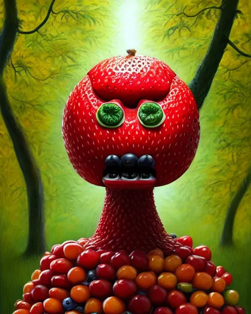 Image similar to portrait of a fruit figurine monster made of different fruit, 3 4 5 3 1, standing in a forest, staring wide open eyes, open mouth, very detailed eyes, trees in the background, sunlight, oil painting, highly detailed, dramatic lighting, hyperrealistic, 8 k, smooth, intricate, artstation, cgsociety, by artgerm, by wlop