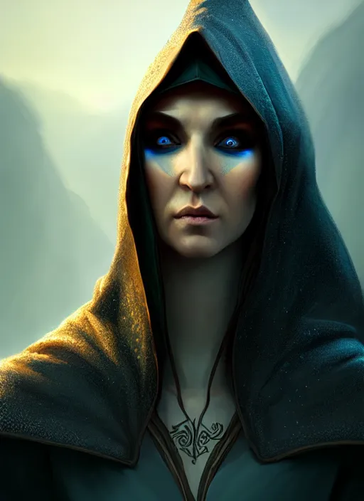 Prompt: a hooded elven mage with a surprised expression, intricate, highly detailed, digital painting, artstation, concept art, smooth, sharp focus, illustration, unreal engine 5, 8 k, art by raphael lacoste