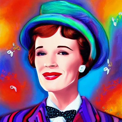 Prompt: mary poppins julie andrews original oil painting by lisa frank