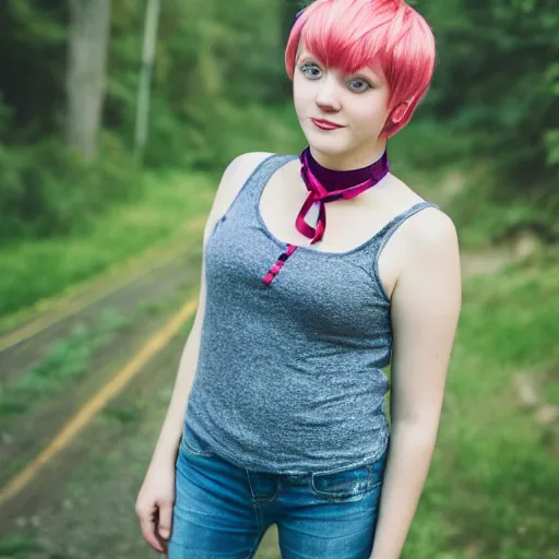 Prompt: Portrait of a cute young woman with short colored hair and a choker, portrait photography, cottagecore, upper body image, 35mm f/1.4, iso 100