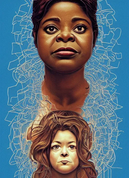 Image similar to poster artwork by Michael Whelan and James Jean, of Octavia Spencer has a voice in her head, reality is a labyrinth, psychological thriller from scene from Twin Peaks, clean, simple illustration, nostalgic, domestic, full of details