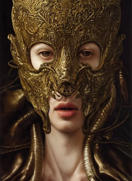 Image similar to highly detailed oil painting | very intricate | cinematic lighting | award - winning | the cocodrile mask by alexander mcqueen | by roberto ferri, by leng jun, by j. c. leyendecker and klimt, american romanticism, by austin osman spare, artstation, cgsociety, official art, octane