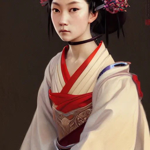 Prompt: portrait of a young girl samurai warriro, intricate, elegant, highly detailed, digital painting, artstation, concept art, smooth, sharp focus, illustration, art by artgerm and greg rutkowski and alphonse mucha and william - adolphe bouguereau
